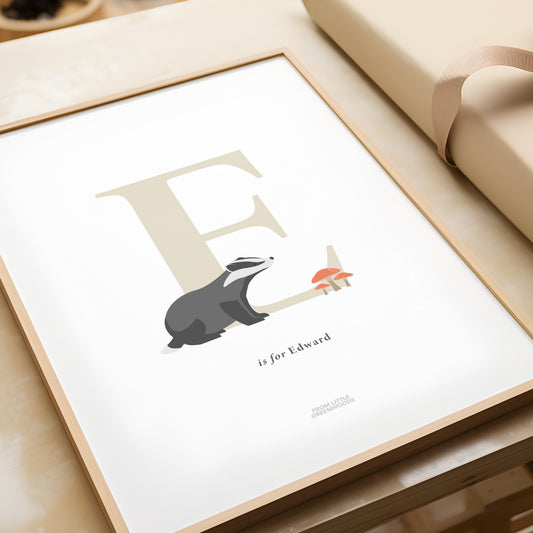 Personalised Woodland Badger Initial Print - Oatmeal