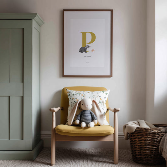 Personalised Woodland Badger Initial Print - Yellow