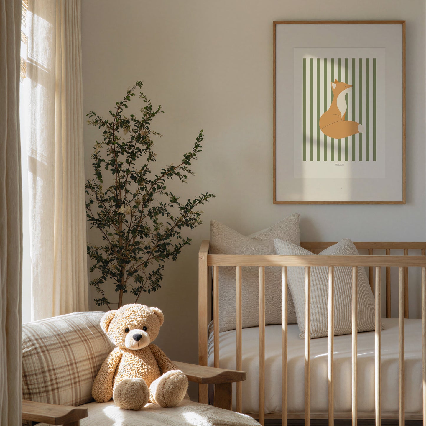 Children's Woodland Fox Print - Green Stripes