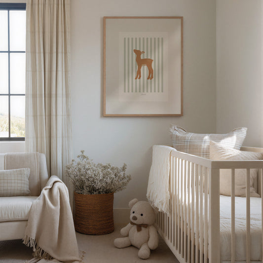 Children's Woodland Deer Print - Sage Green Stripes
