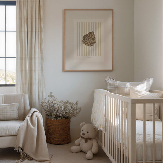 Children's Woodland Pinecone Print - Oatmeal Stripes
