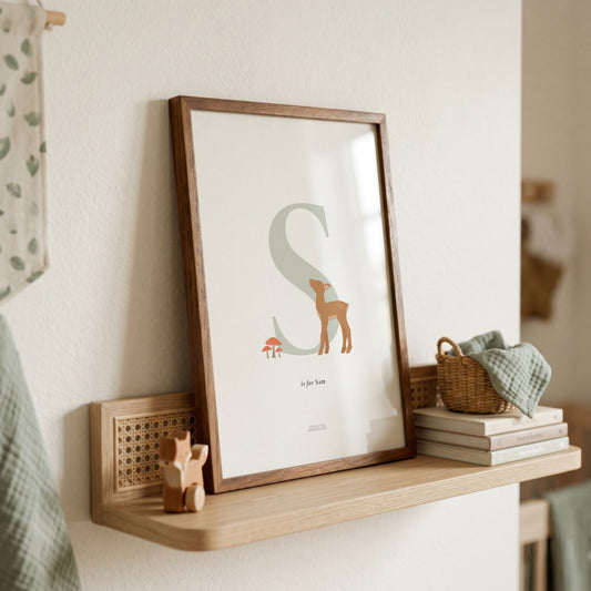 Personalised Woodland Deer Initial Print - Sage Green