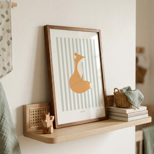Children's Woodland Fox Print - Sage Green Stripes