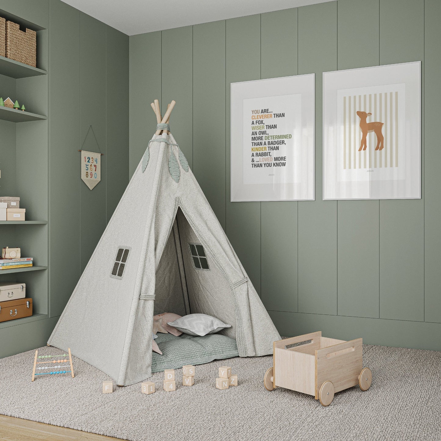 Children's Woodland Deer Print - Oatmeal Stripes