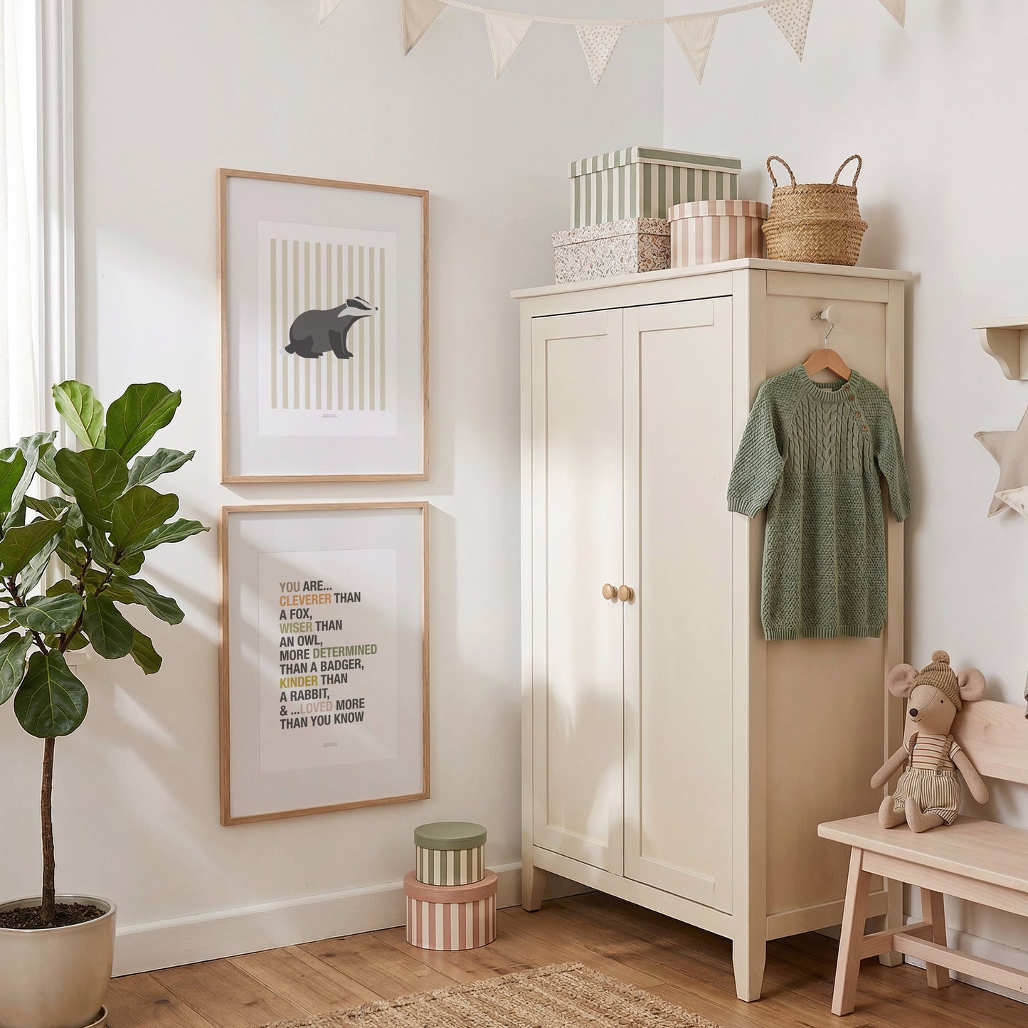 Children's Woodland Badger Print - Oatmeal Stripes