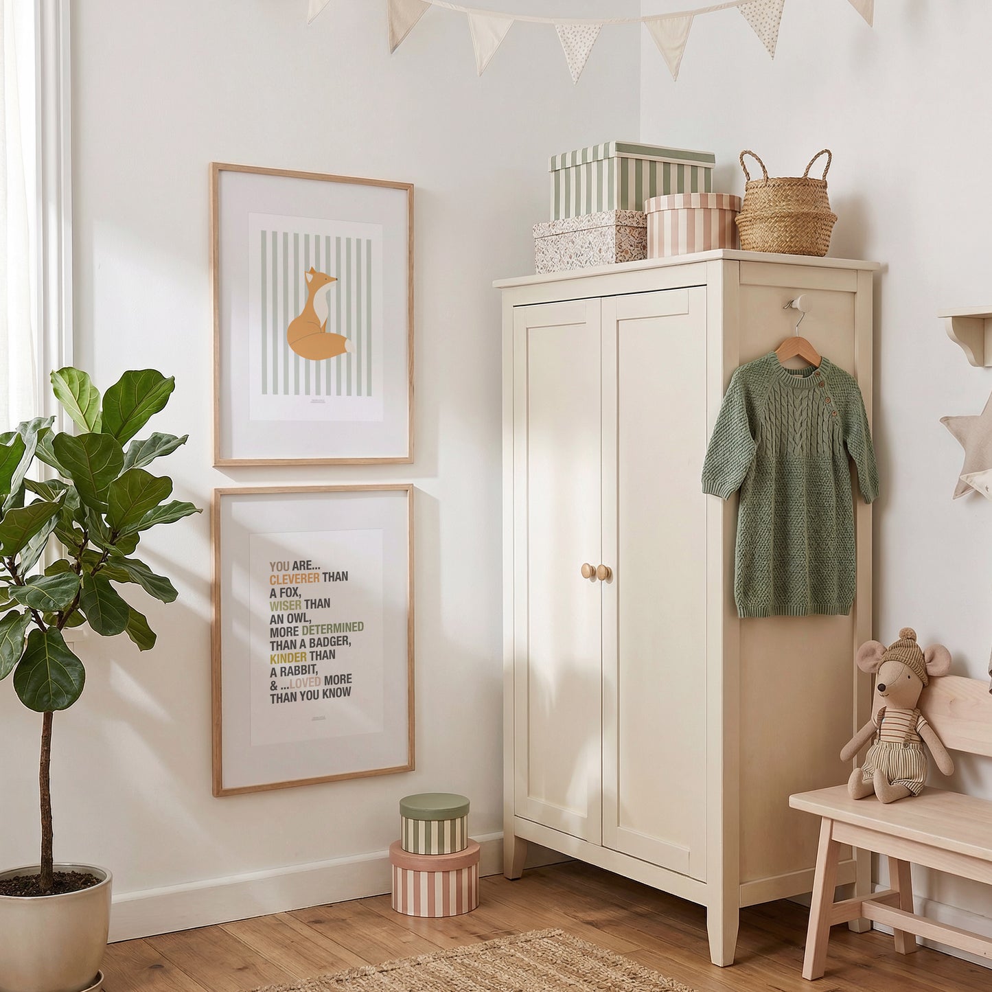 Children's Woodland Fox Print - Sage Green Stripes