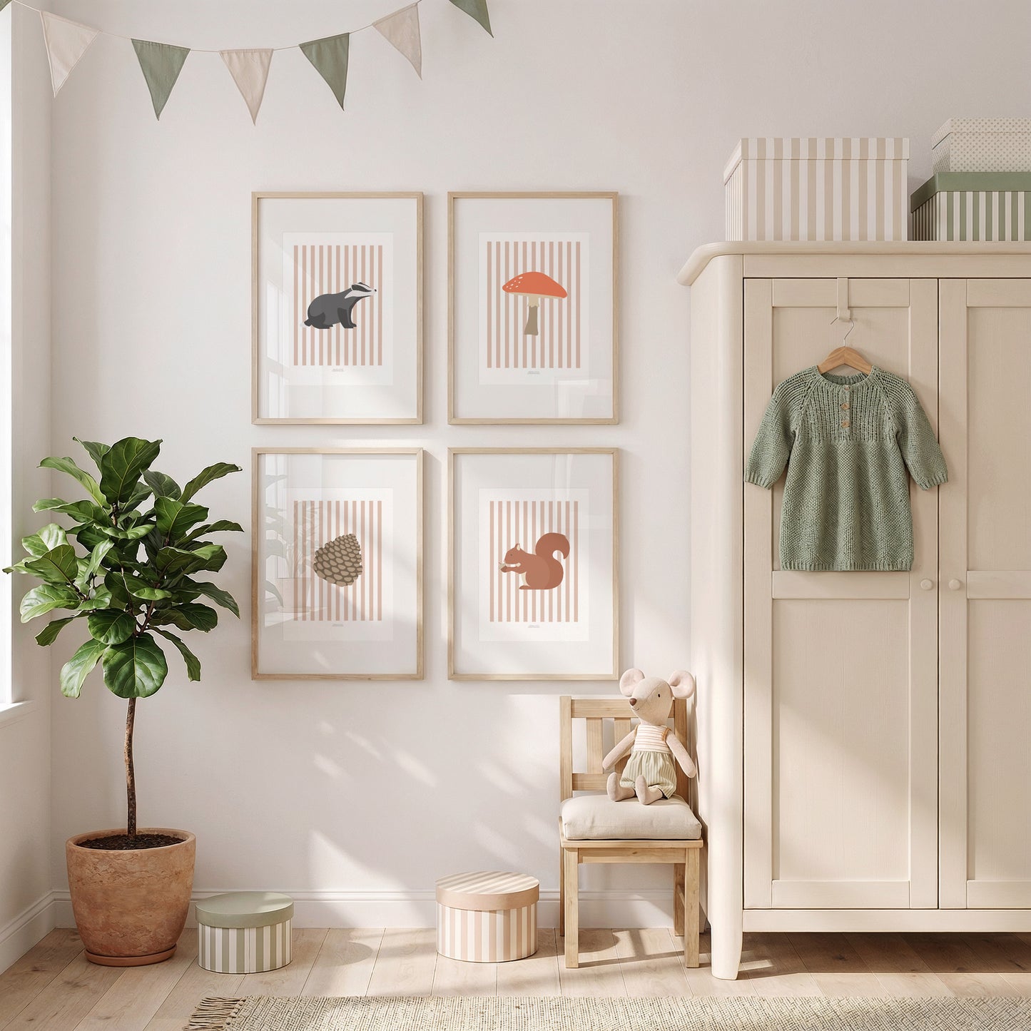 Children's Woodland Toadstool Print - Pink Stripes