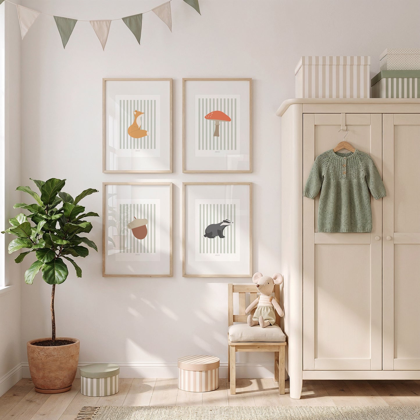 Children's Woodland Acorn Print - Sage Green Stripes