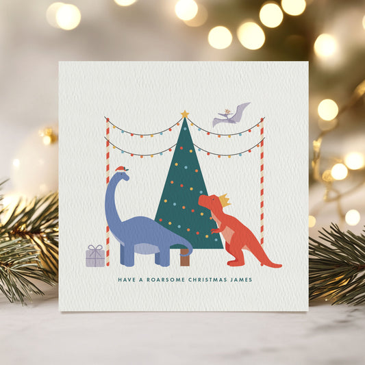 Personalised Dinosaur Christmas Card for Boys - Blue