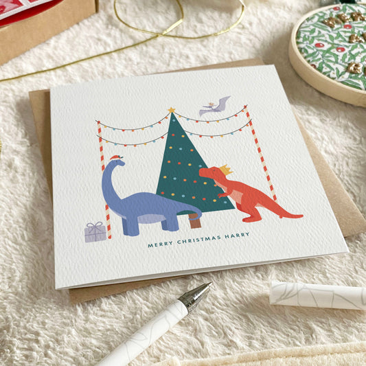 Personalised Dinosaur Christmas Card for Boys - Blue
