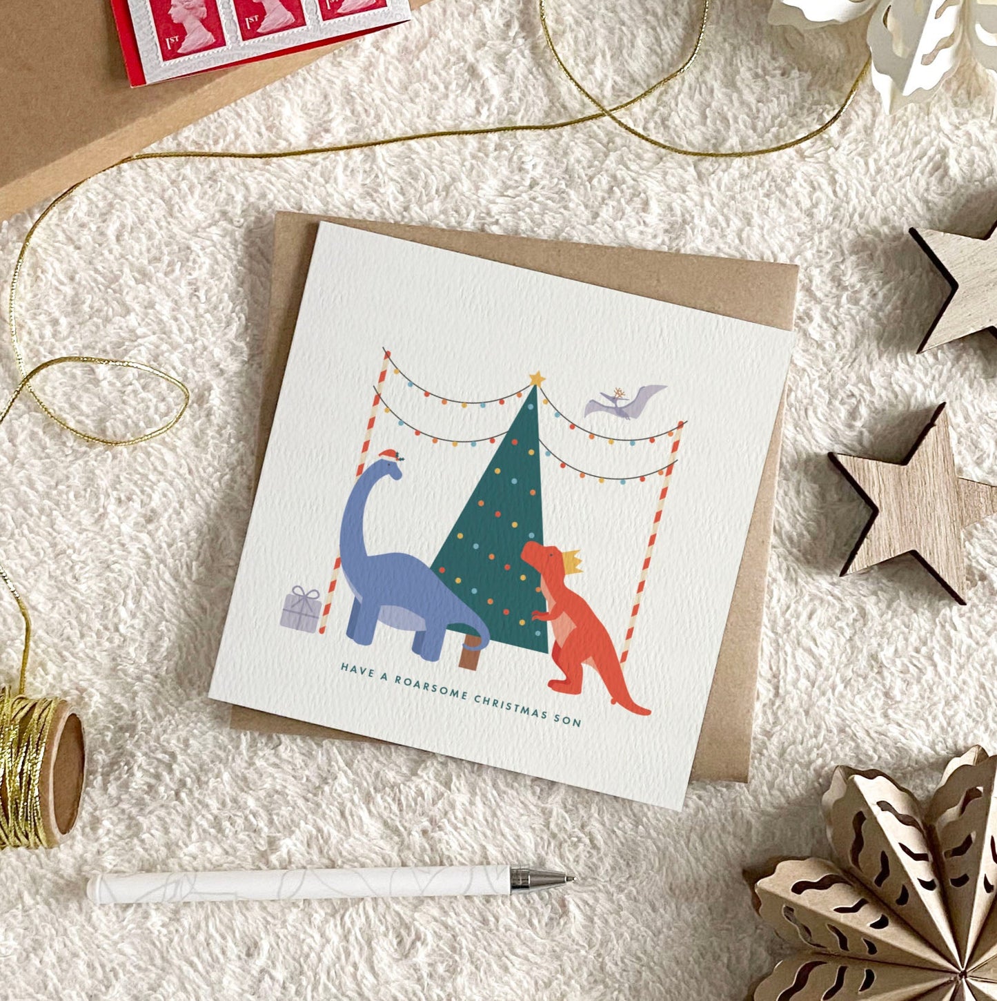 Personalised Dinosaur Christmas Card for Boys - Blue