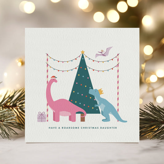 READY TO POST - Girl's Dinosaur Christmas Card - For Girl, Daughter, Granddaughter and Niece