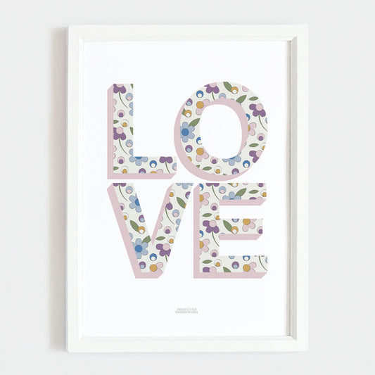Pink Ditsy Flower Love Word Print