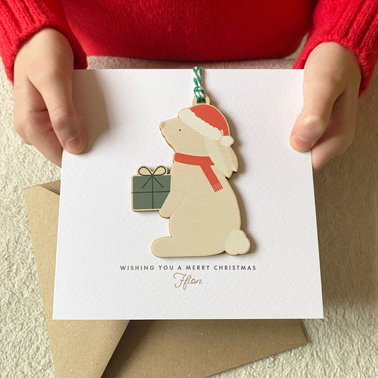 Children's Wooden Bunny Christmas Tree Decoration - with option to add to a Personalised Christmas Card