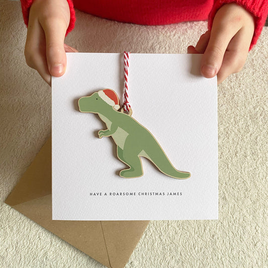 Children's Wooden Dinosaur Christmas Tree Decoration - with option to add to a Personalised Christmas Card