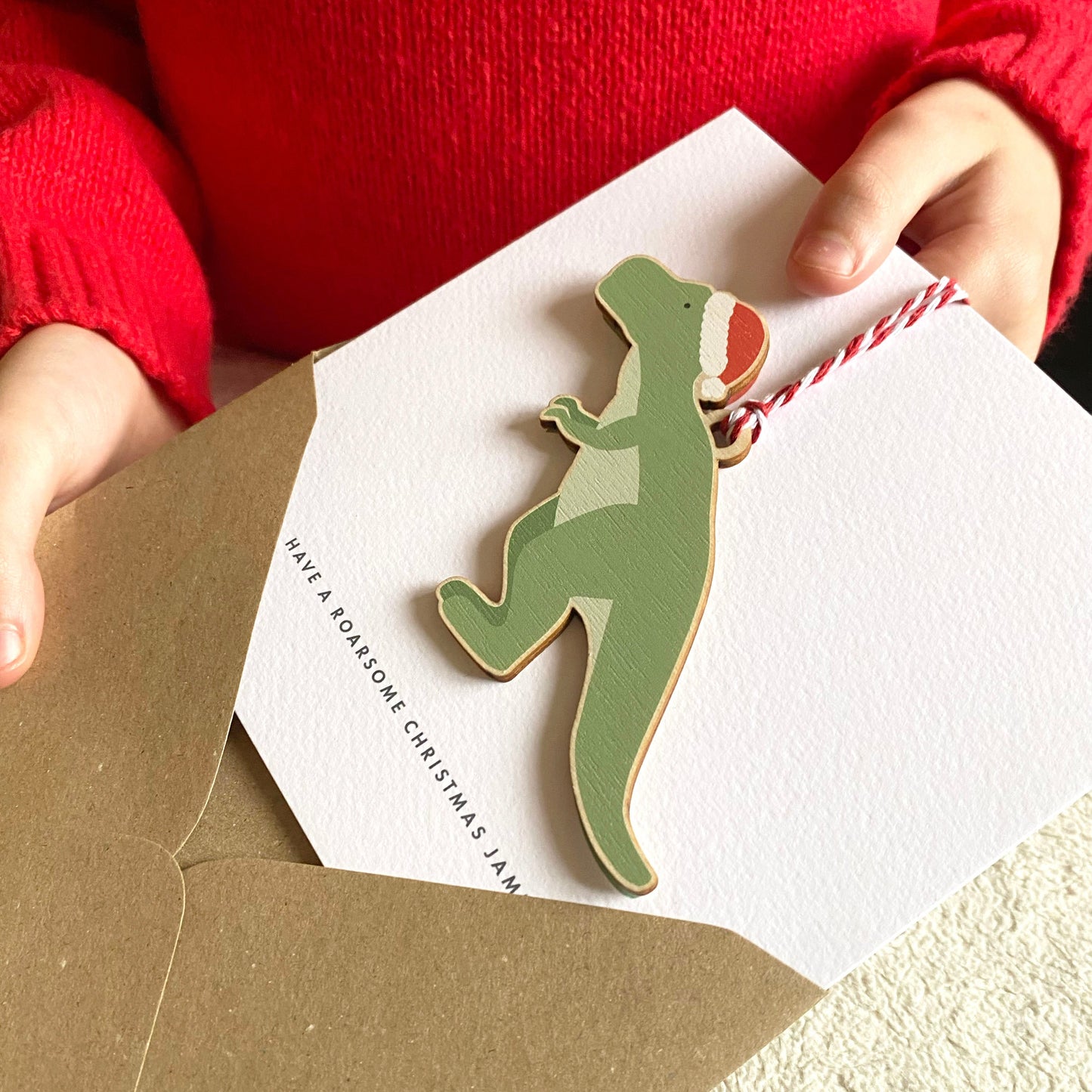 Children's Wooden Dinosaur Christmas Tree Decoration - with option to add to a Personalised Christmas Card