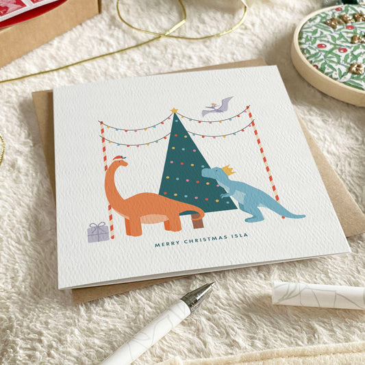 Personalised Dinosaur Christmas Card for Kids - Orange