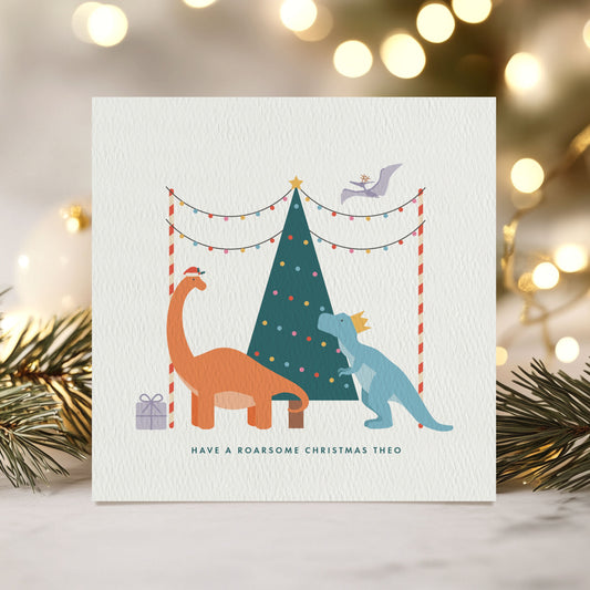 Personalised Dinosaur Christmas Card for Kids - Orange