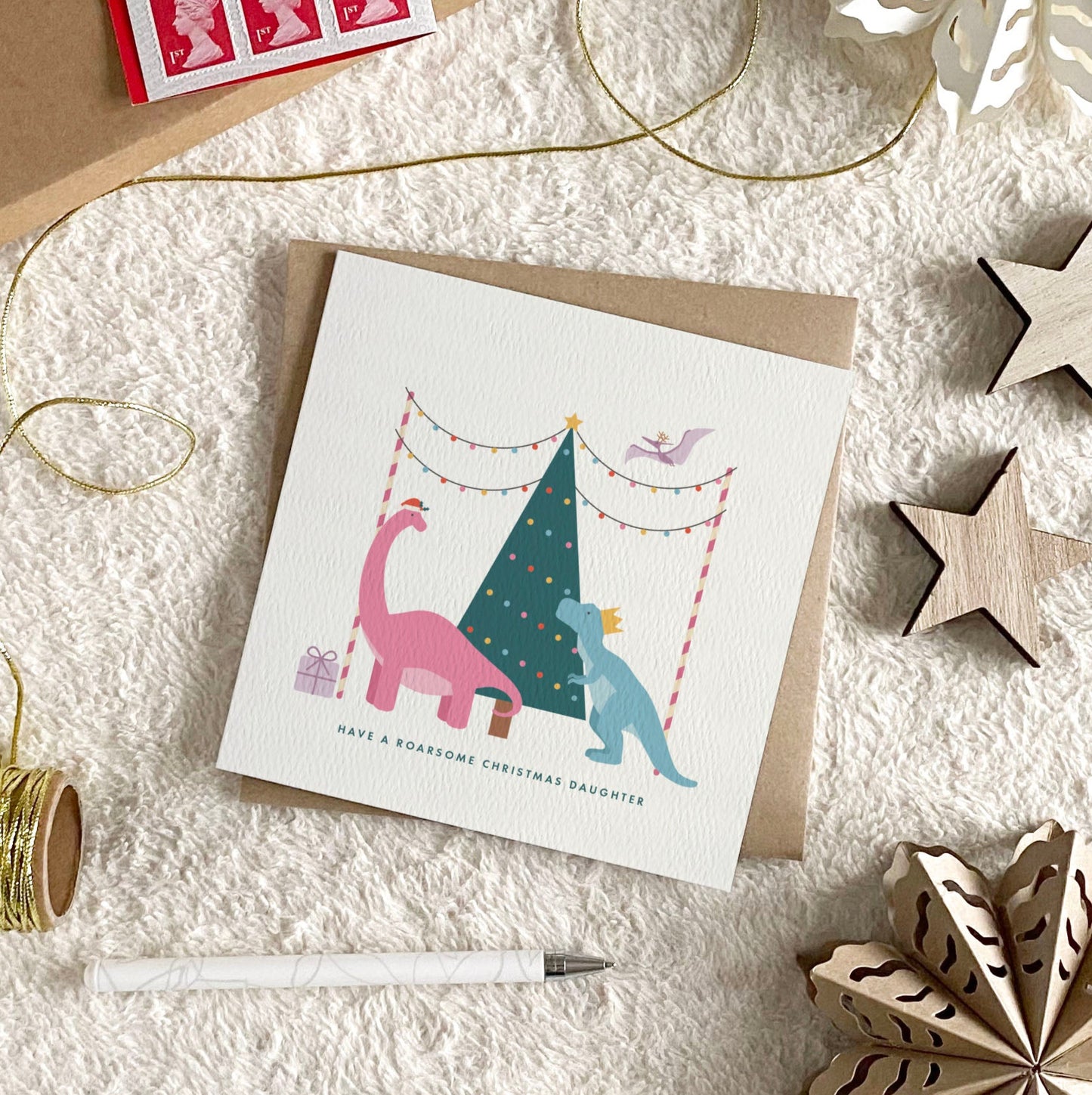 Personalised Dinosaur Christmas Card for Girls - Pink