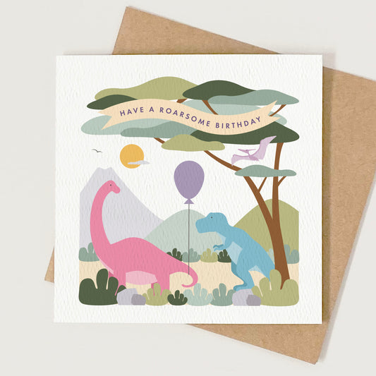 Girl's Dinosaur Birthday Card - Pink