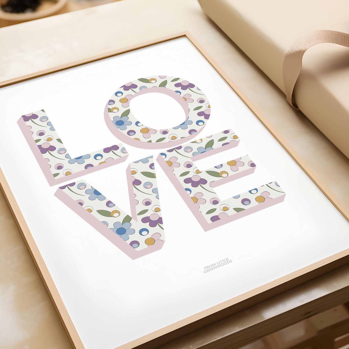 Pink Ditsy Flower Love Word Print