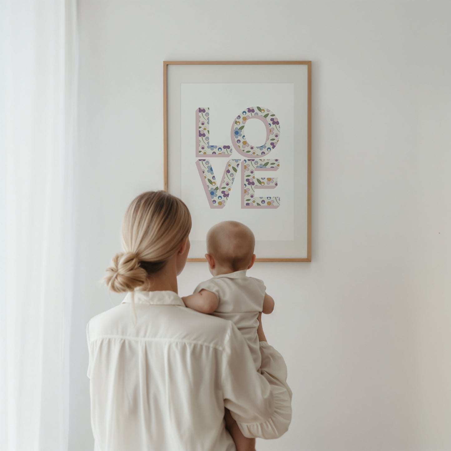 Pink Ditsy Flower Love Word Print