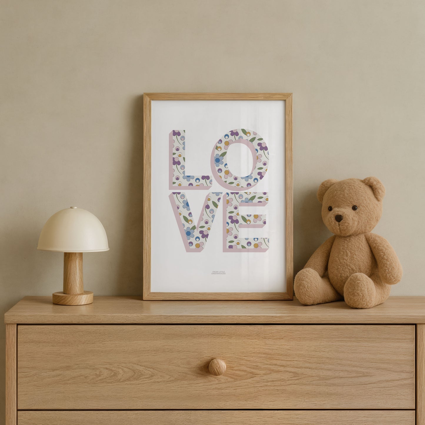 Pink Ditsy Flower Love Word Print