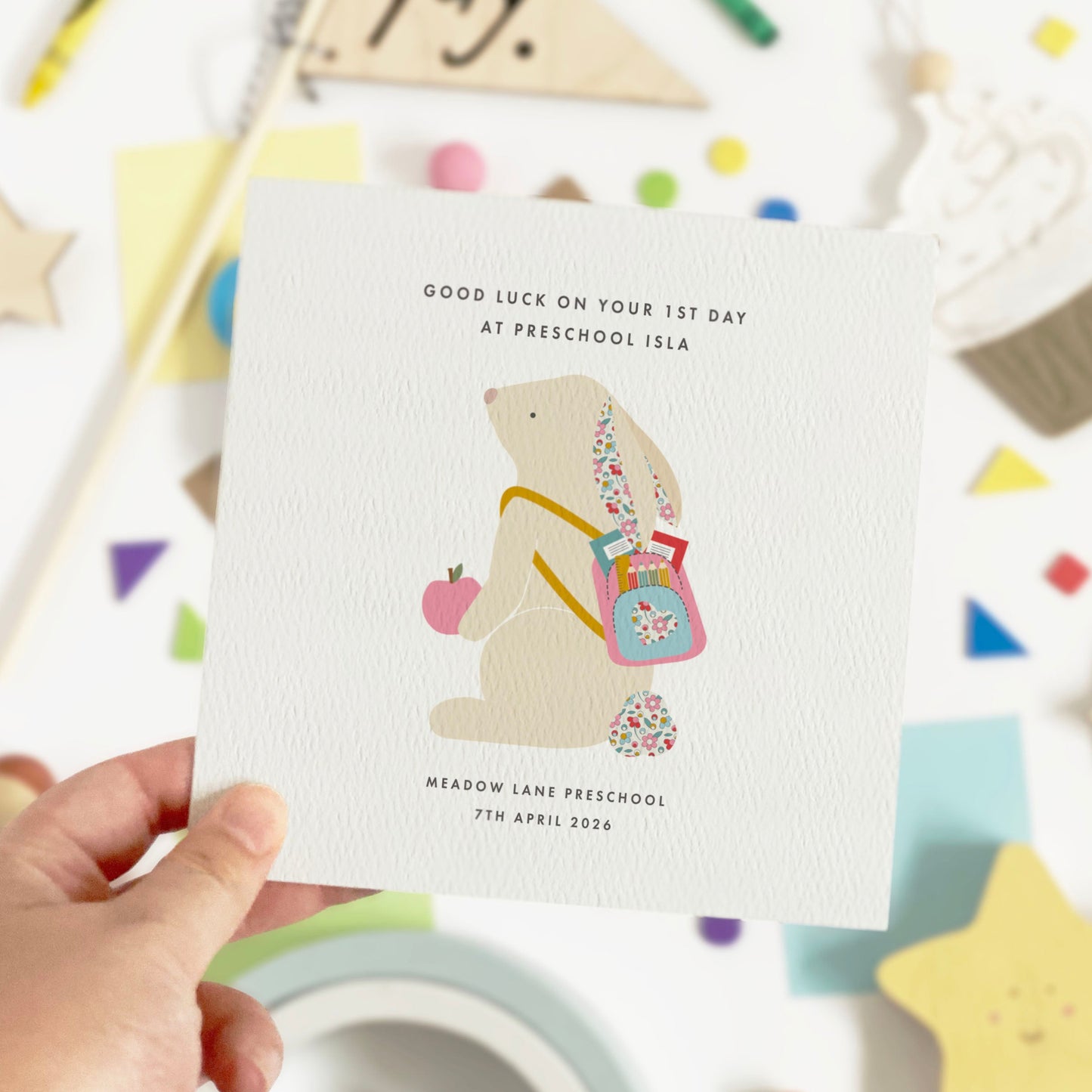 Personalised Bunny 1st Day at School Card for Girls