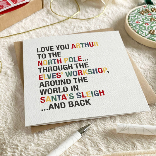 Love You to the North Pole & Back Personalised Kid's Christmas Card - Traditional Colours