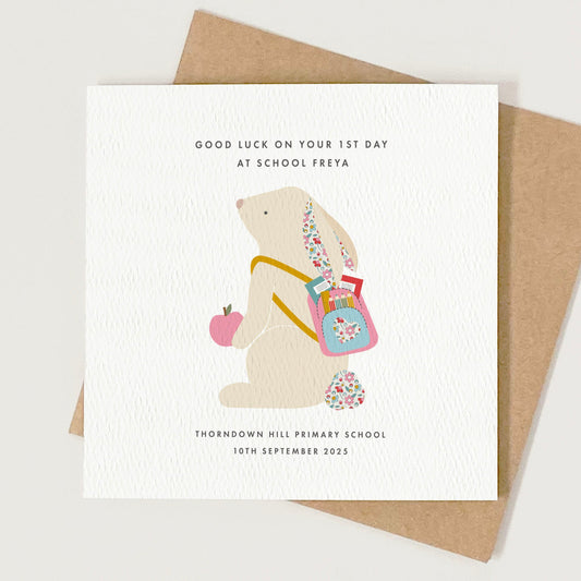 Personalised Bunny 1st Day at School Card for Girls