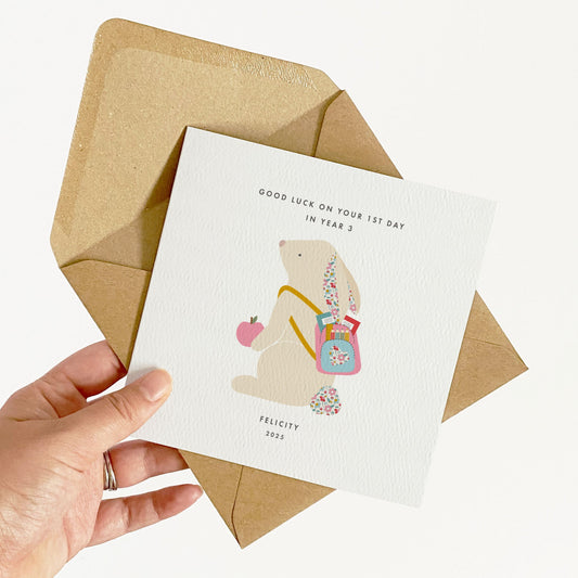 Personalised Bunny 1st Day at School Card for Girls