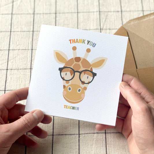 Personalised Giraffe Thank You Teacher Card - Black Cat Eye Glasses