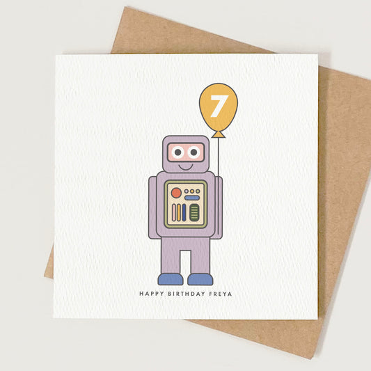 Girl's Robot Birthday Card - Purple