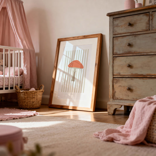 Children's Woodland Toadstool Print - Oatmeal Stripes