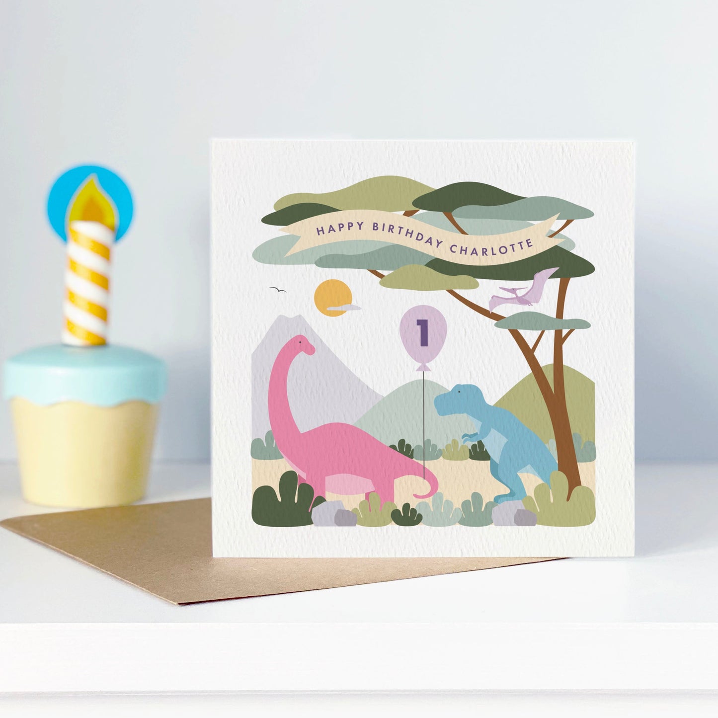 Girl's Dinosaur Birthday Card - Pink