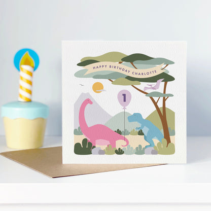 Girl's Dinosaur Birthday Card - Pink