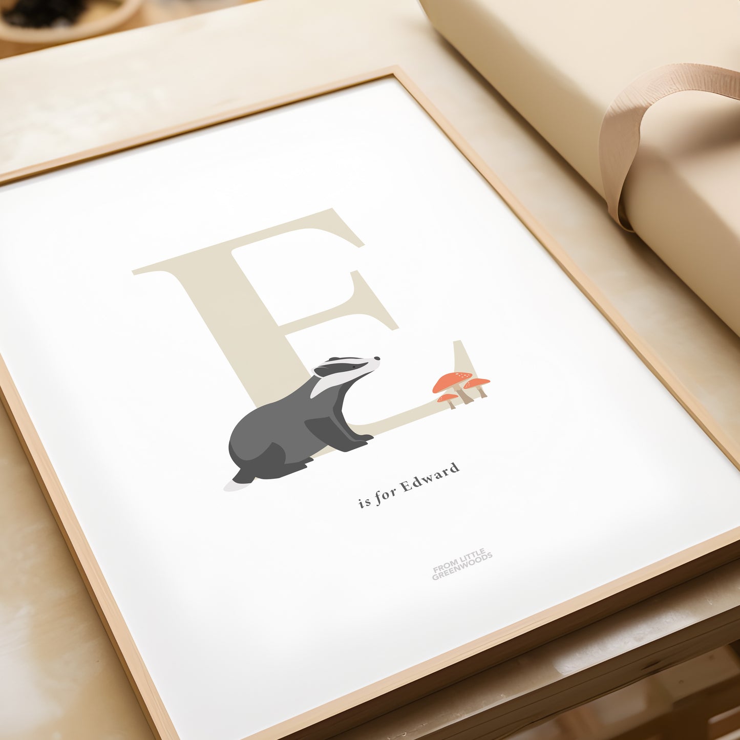 Personalised Woodland Badger Initial Print - Oatmeal