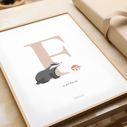 Personalised Woodland Badger Initial Print - Pink