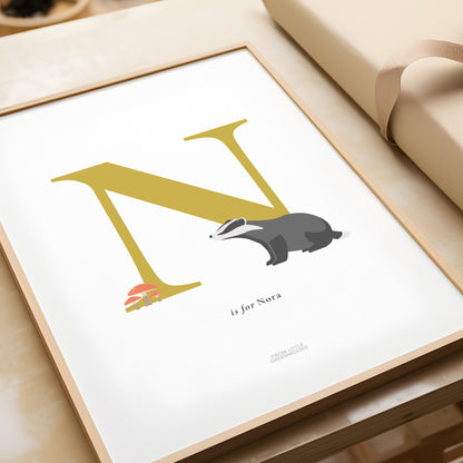 Personalised Woodland Badger Initial Print - Yellow