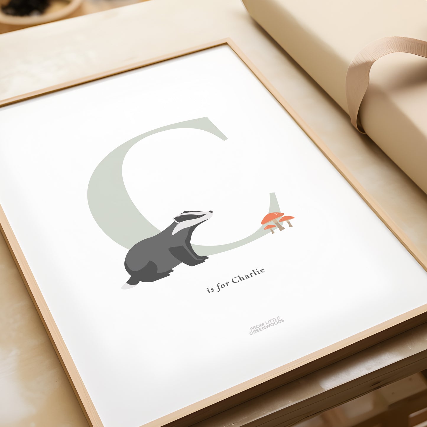 Personalised Woodland Badger Initial Print - Sage Green