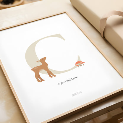 Personalised Woodland Deer Initial Print - Oatmeal
