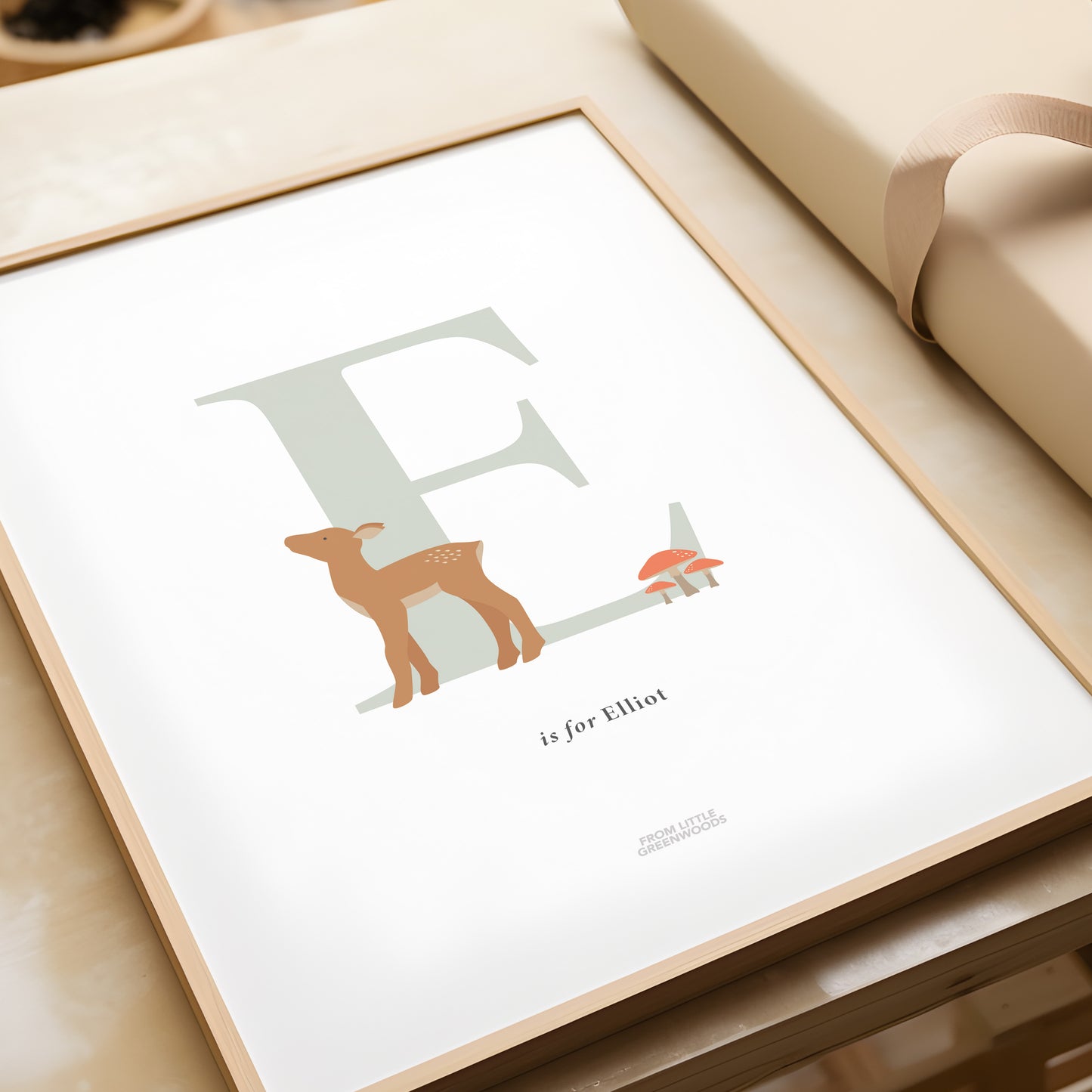 Personalised Woodland Deer Initial Print - Sage Green