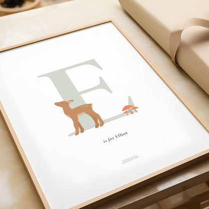 Personalised Woodland Deer Initial Print - Sage Green