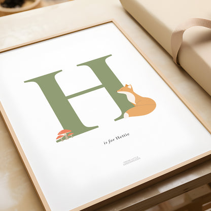 Personalised Woodland Fox Initial Print - Green