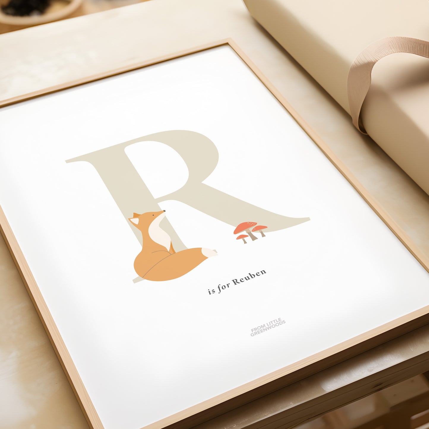 Personalised Woodland Fox Initial Print - Oatmeal