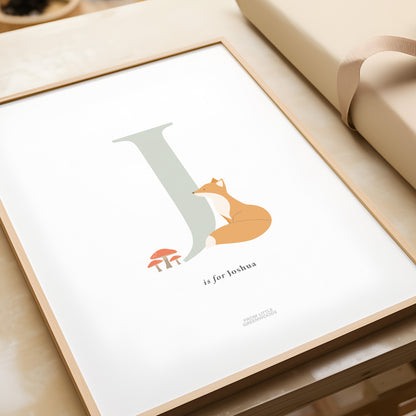 Personalised Woodland Fox Initial Print - Sage Green