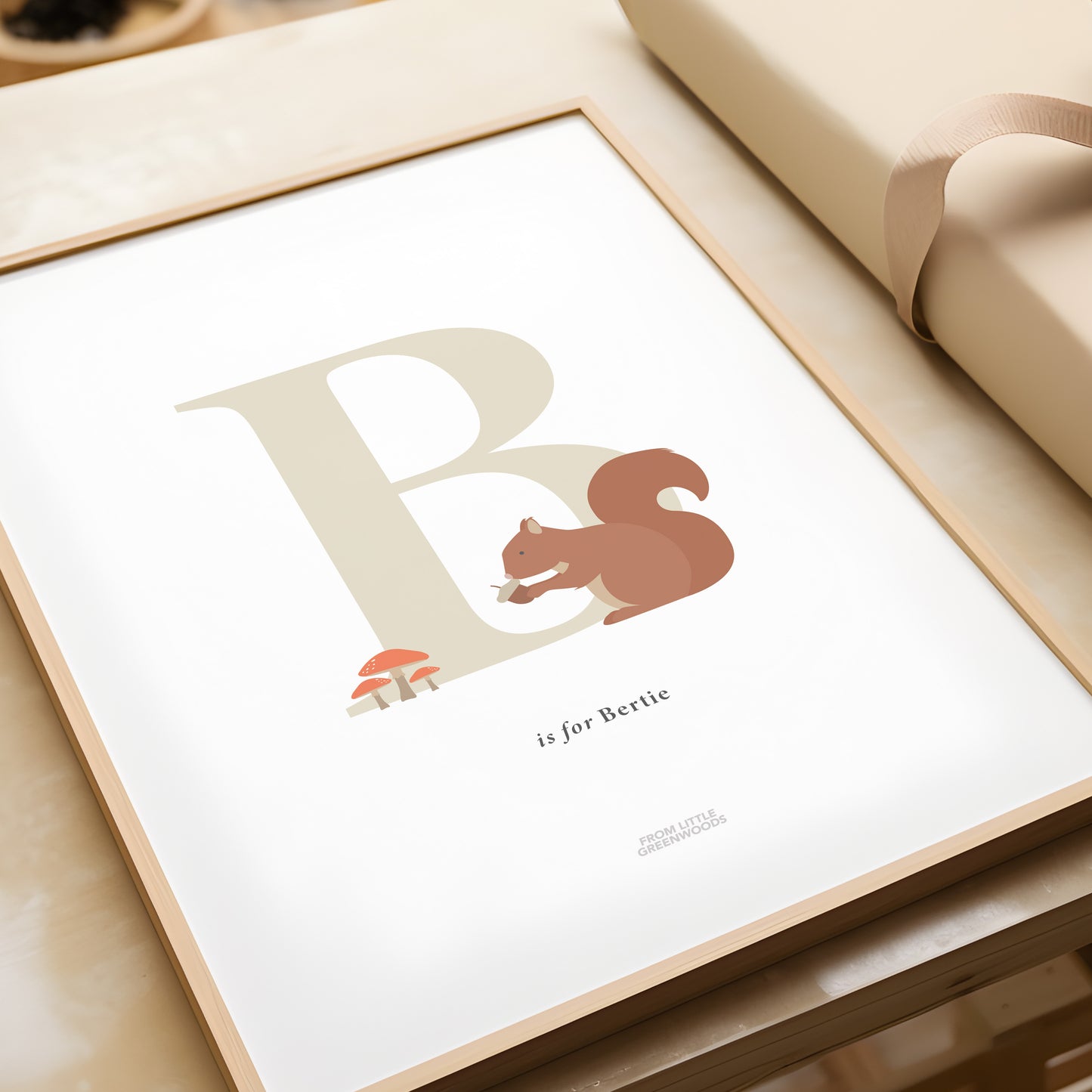 Personalised Woodland Squirrel Initial Print - Oatmeal