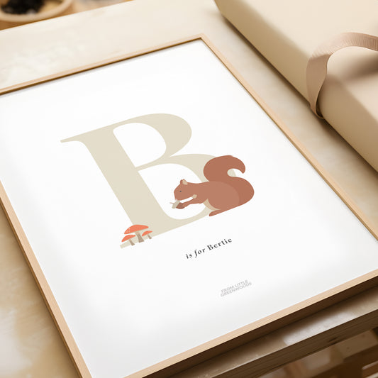 Personalised Woodland Squirrel Initial Print - Oatmeal