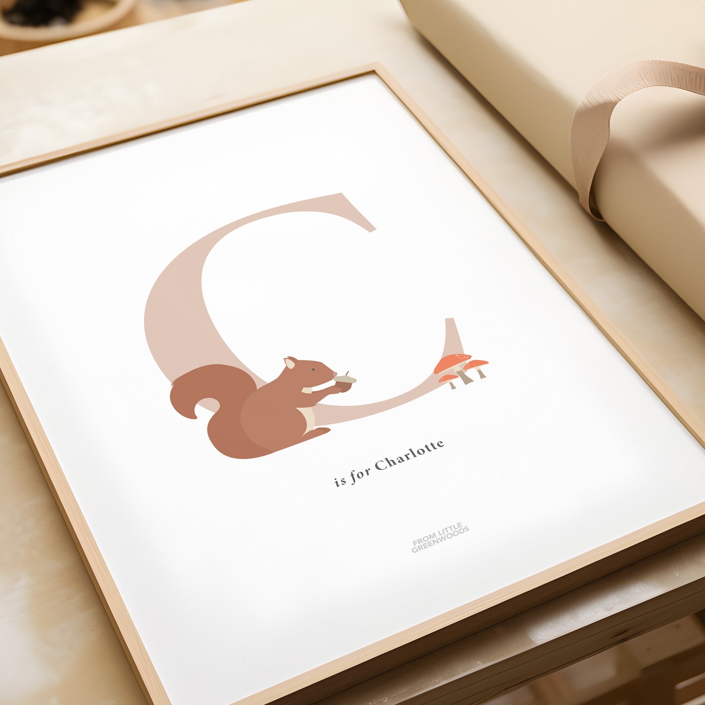Personalised Woodland Squirrel Initial Print - Pink