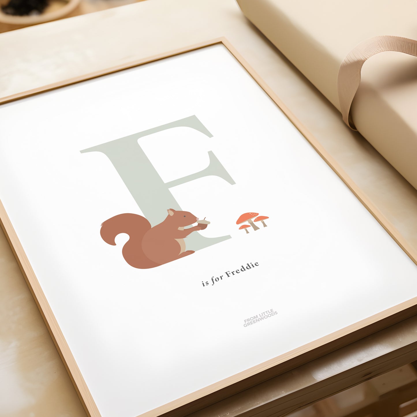Personalised Woodland Squirrel Initial Print - Sage Green